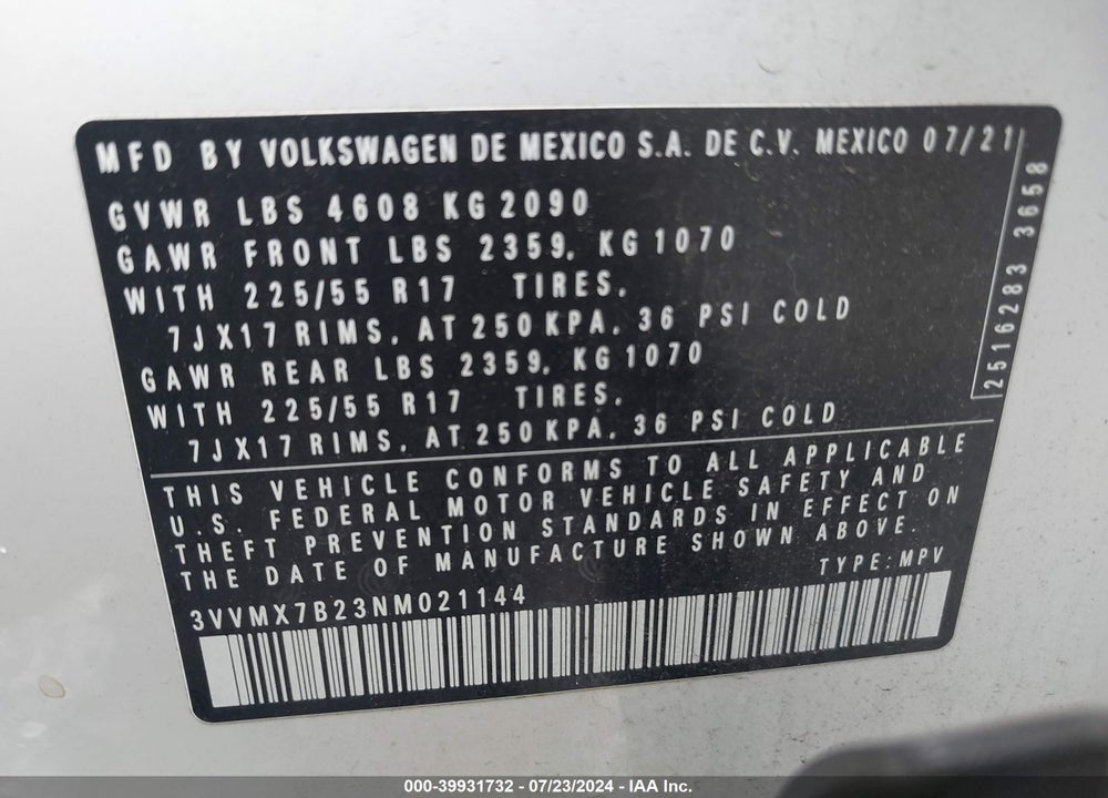 2022 VOLKSWAGEN TAOS 1.5T S VIN: 3VVMX7B23NM021144