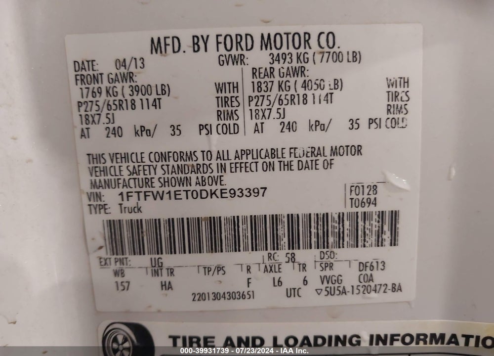 2013 FORD F-150 LARIAT VIN: 1FTFW1ET0DKE93397