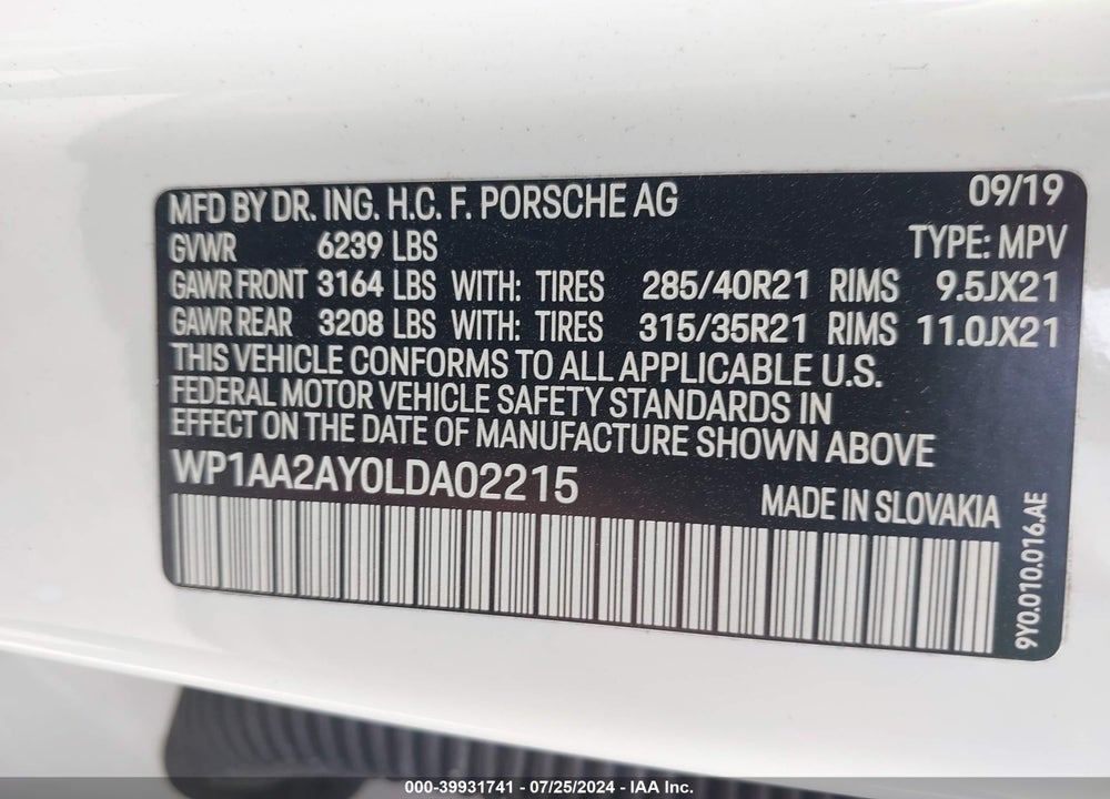 2020 PORSCHE CAYENNE VIN: WP1AA2AY0LDA02215