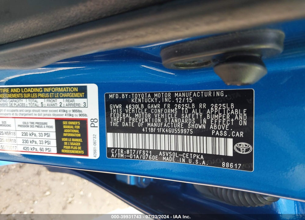 2016 TOYOTA CAMRY SE VIN: 4T1BF1FK4GU559975