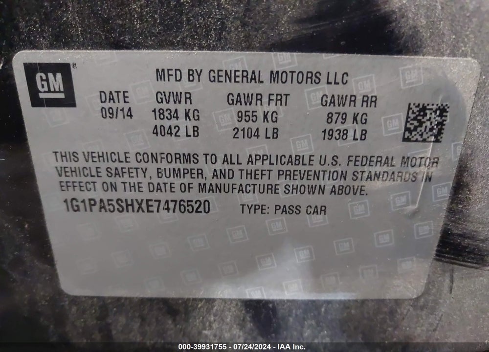 2014 CHEVROLET CRUZE LS AUTO VIN: 1G1PA5SHXE7476520