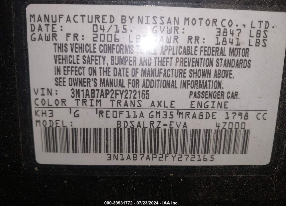 2015 NISSAN SENTRA SR VIN: 3N1AB7AP2FY272165