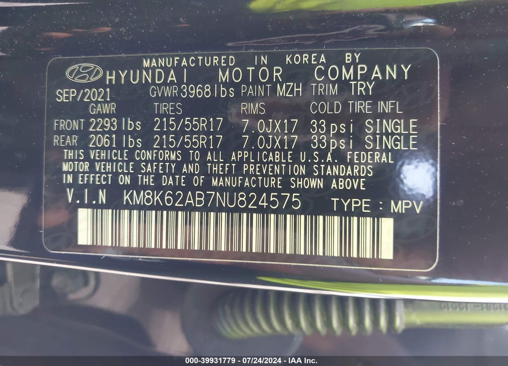 2022 HYUNDAI KONA SEL VIN: KM8K62AB7NU824575