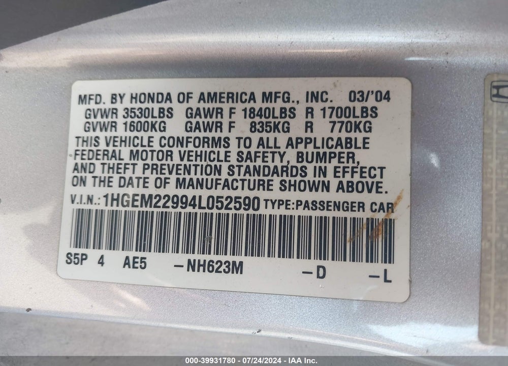 2004 HONDA CIVIC EX VIN: 1HGEM22994L052590