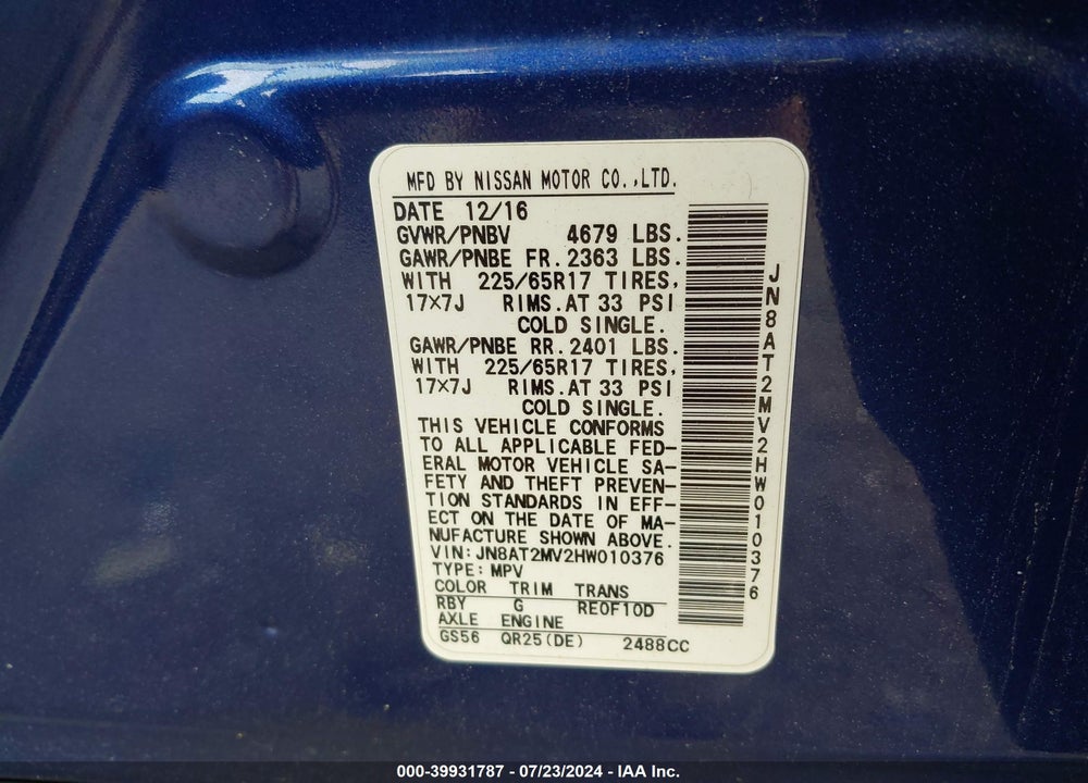 2017 NISSAN ROGUE SV VIN: JN8AT2MV2HW010376