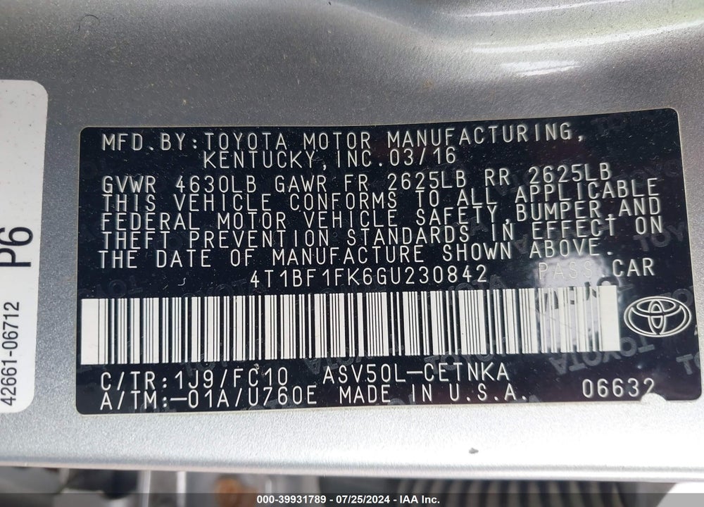 2016 TOYOTA CAMRY LE VIN: 4T1BF1FK6GU230842