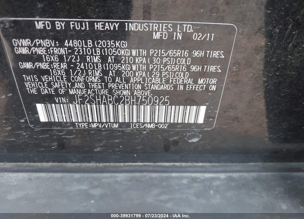 2011 SUBARU FORESTER 2.5X VIN: JF2SHABC2BH750925