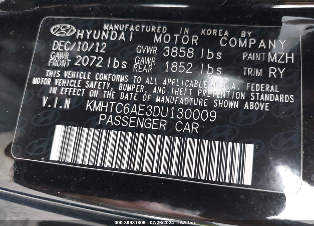 2013 HYUNDAI VELOSTER TURBO W/BLACK VIN: KMHTC6AE3DU130009