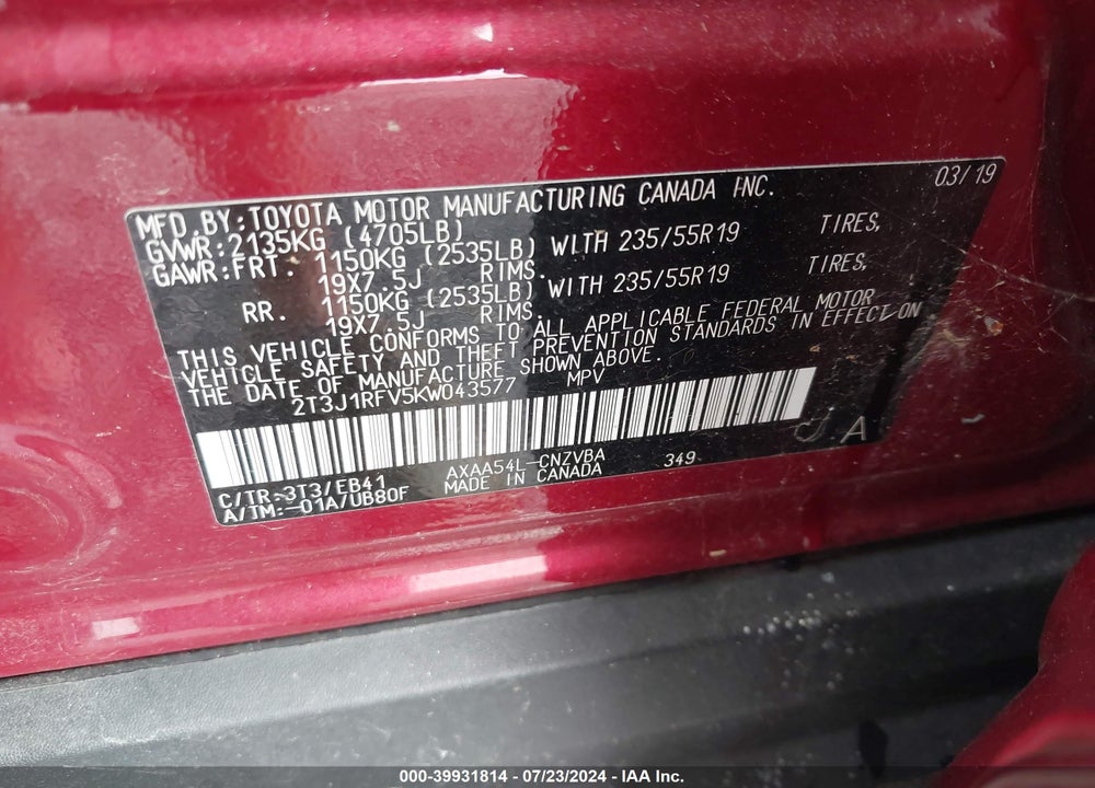 2019 TOYOTA RAV4 ADVENTURE VIN: 2T3J1RFV5KW043577