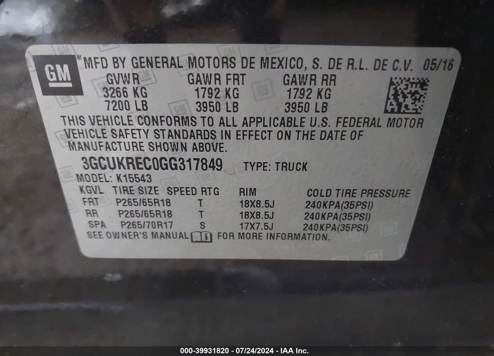 2016 CHEVROLET SILVERADO 1500 2LT VIN: 3GCUKREC0GG317849