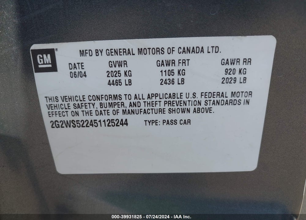 2005 PONTIAC GRAND PRIX GT VIN: 2G2WS522451125244