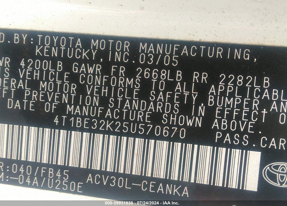 2005 TOYOTA CAMRY LE VIN: 4T1BE32K25U570670