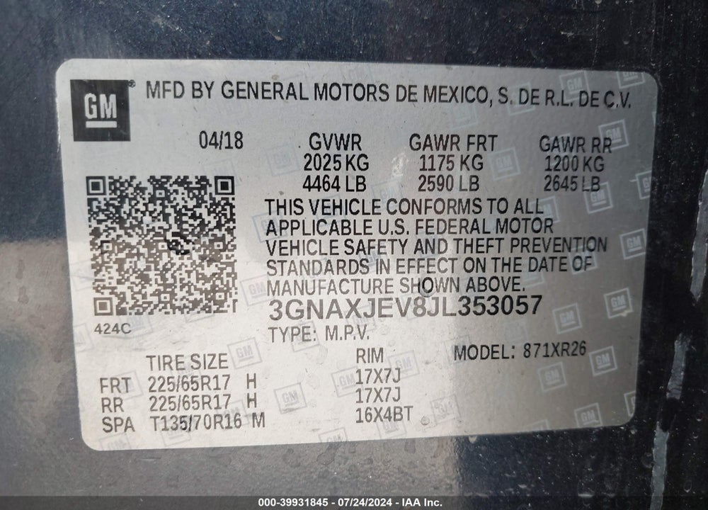2018 CHEVROLET EQUINOX LT VIN: 3GNAXJEV8JL353057