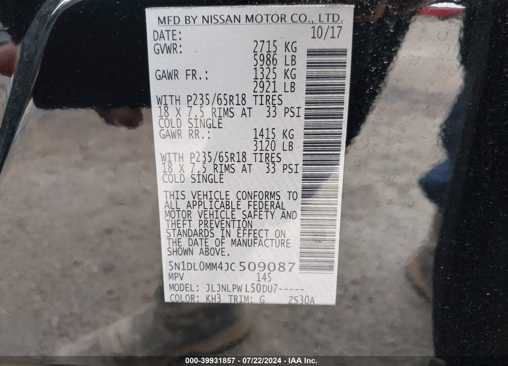 2018 INFINITI QX60 VIN: 5N1DL0MM4JC509087