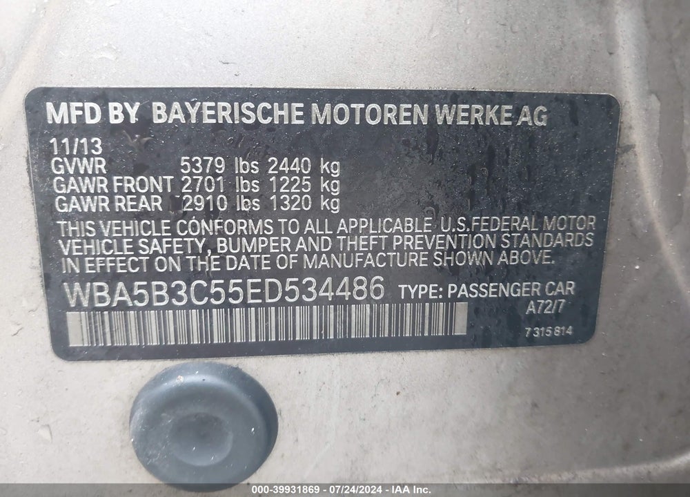 2014 BMW 535I XDRIVE VIN: WBA5B3C55ED534486