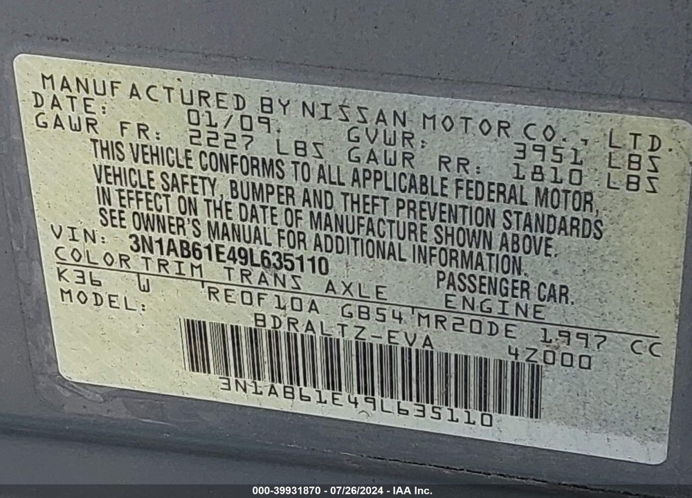 2009 NISSAN SENTRA VIN: 3N1AB61E49L635110