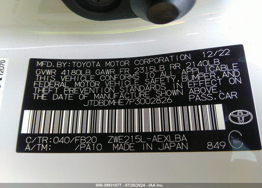 2023 TOYOTA COROLLA HYBRID LE VIN: JTDBDMHE7P3002826