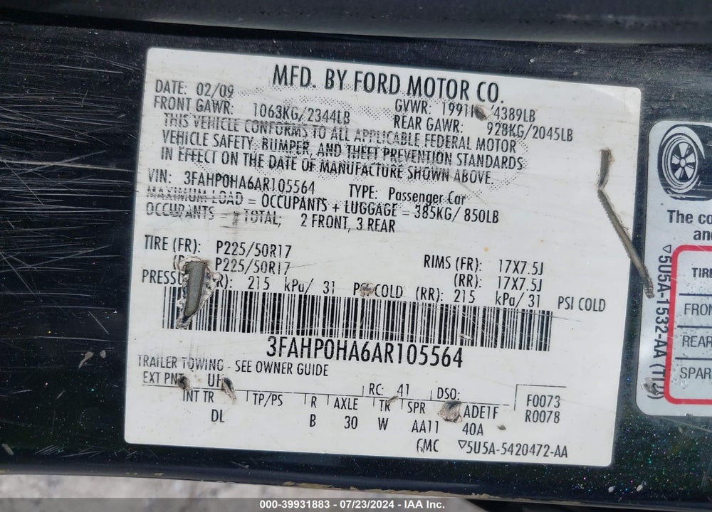2010 FORD FUSION SE VIN: 3FAHP0HA6AR105564
