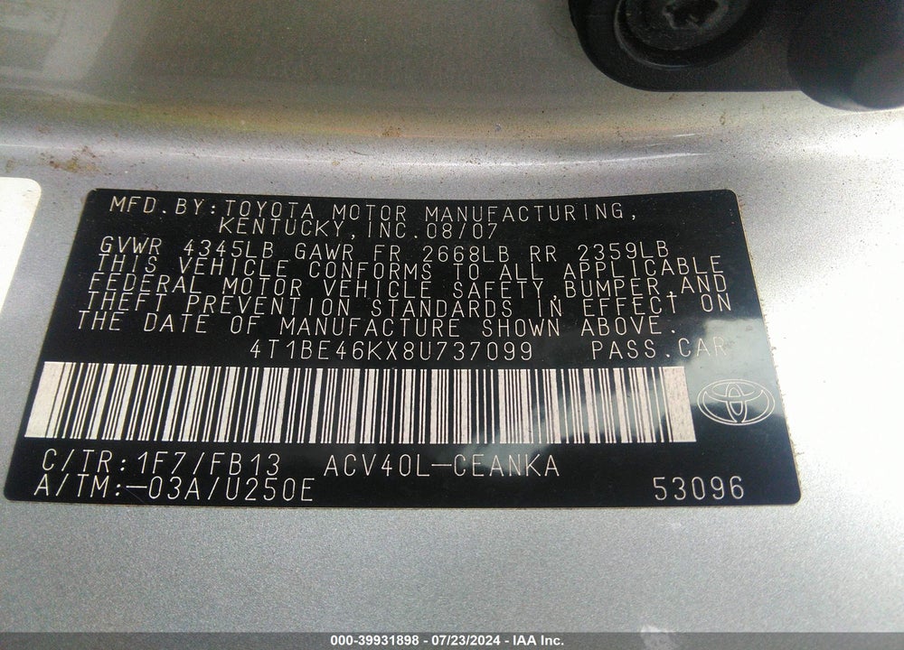2008 TOYOTA CAMRY VIN: 4T1BE46KX8U737099