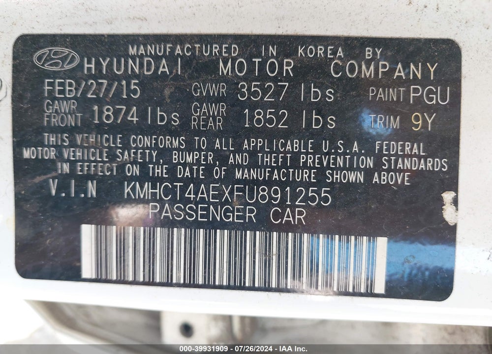 2015 HYUNDAI ACCENT GLS VIN: KMHCT4AEXFU891255
