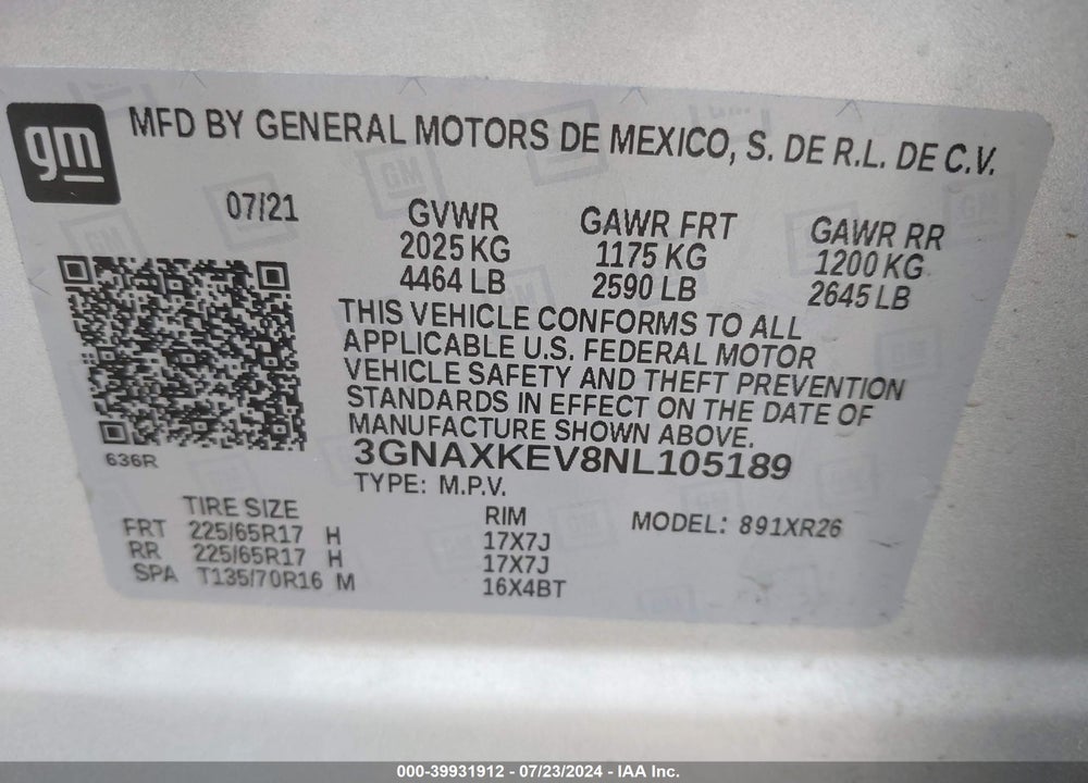 2022 CHEVROLET EQUINOX FWD LT VIN: 3GNAXKEV8NL105189
