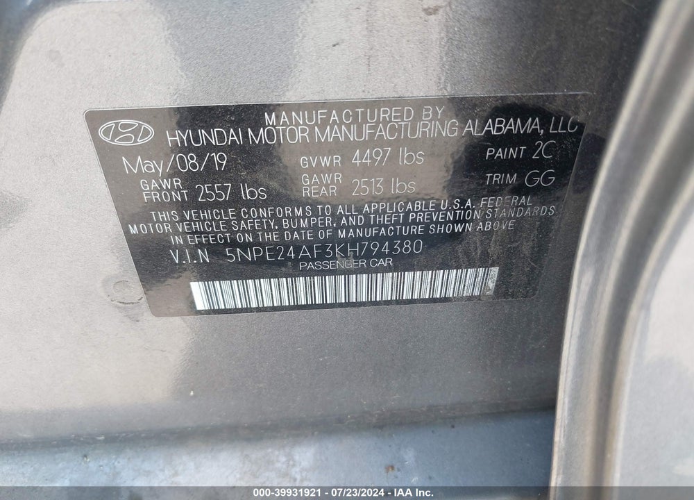 2019 HYUNDAI SONATA SE VIN: 5NPE24AF3KH794380