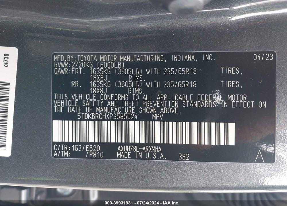 2023 TOYOTA HIGHLANDER HYBRID XLE VIN: 5TDKBRCHXPS585024