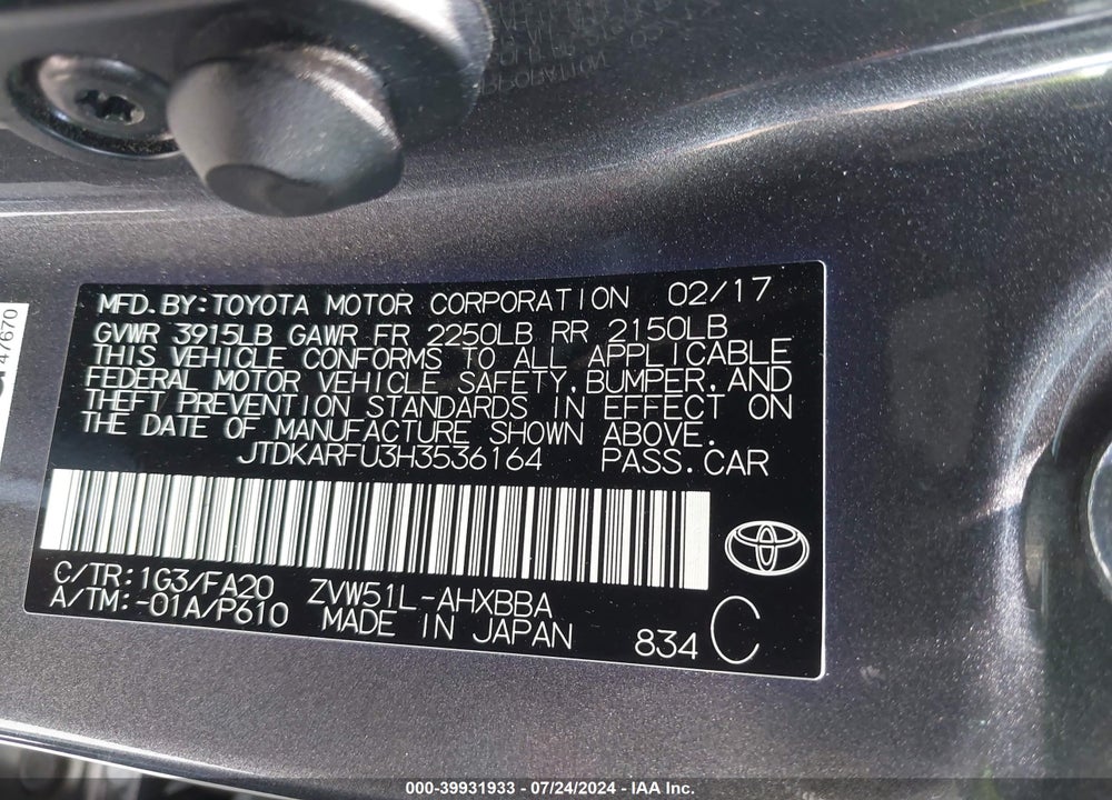 2017 TOYOTA PRIUS TWO ECO VIN: JTDKARFU3H3536164
