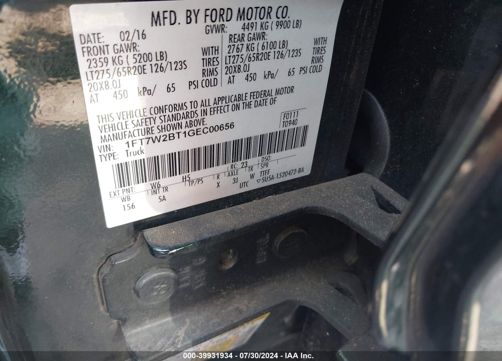 2016 FORD F-250 LARIAT VIN: 1FT7W2BT1GEC00656