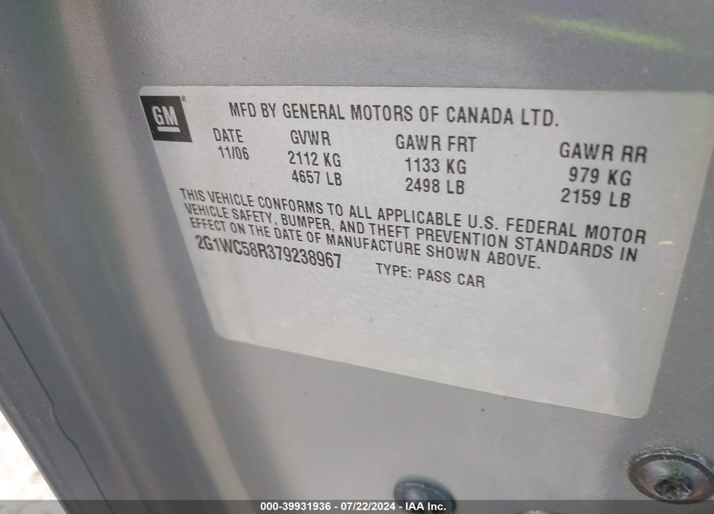2007 CHEVROLET IMPALA LT VIN: 2G1WC58R379238967