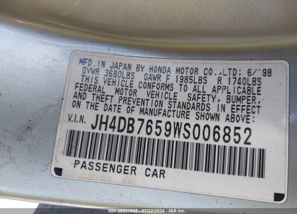 1998 ACURA INTEGRA LS VIN: JH4DB7659WS006852