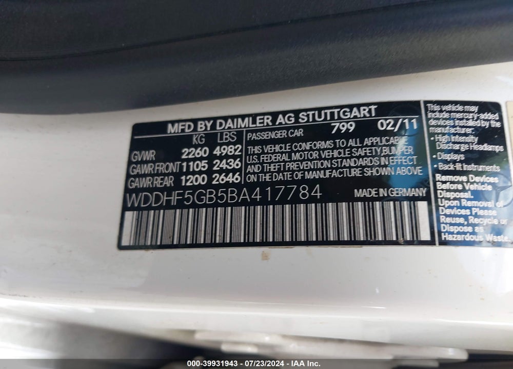 2011 MERCEDES-BENZ E 350 VIN: WDDHF5GB5BA417784