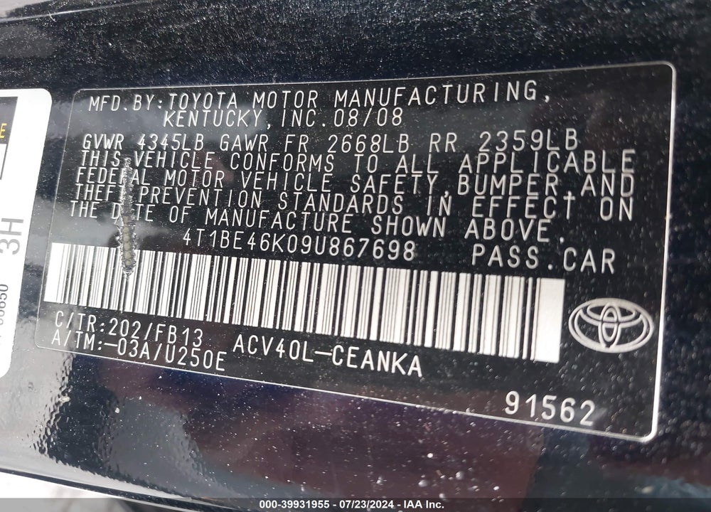 2009 TOYOTA CAMRY LE VIN: 4T1BE46K09U867698
