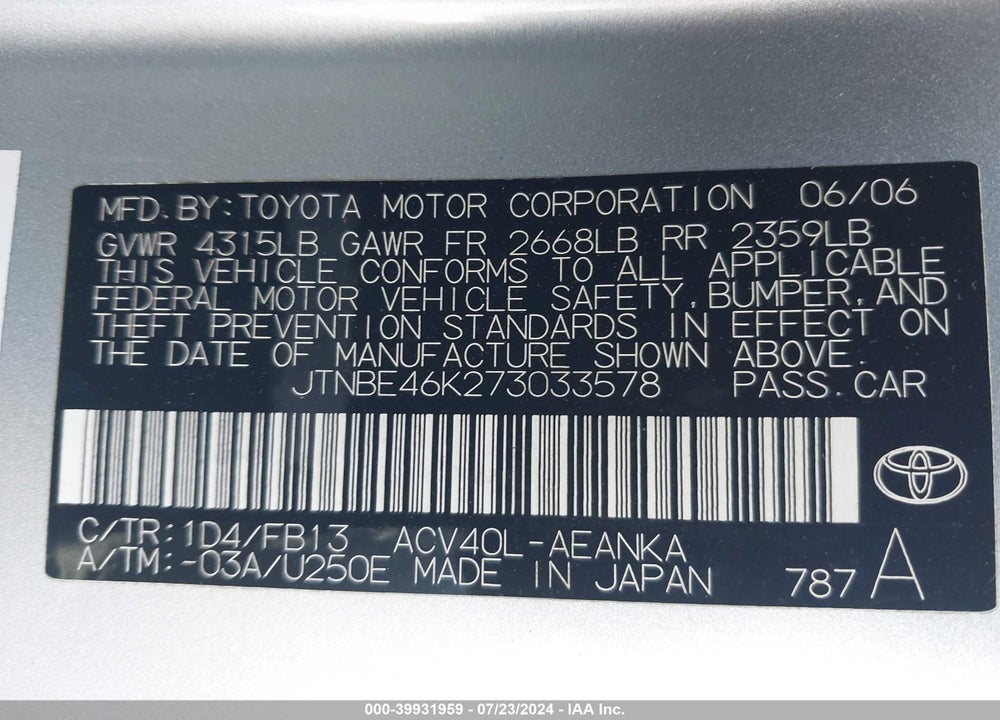 2007 TOYOTA CAMRY LE VIN: JTNBE46K273033578