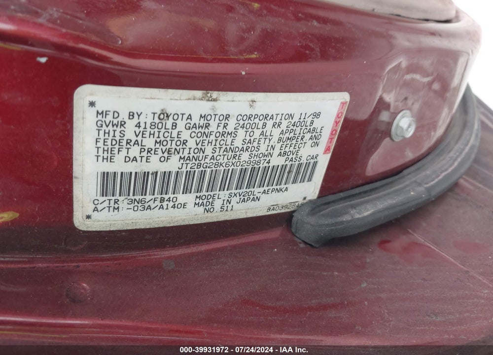 1999 TOYOTA CAMRY LE VIN: JT2BG28K6X0299874