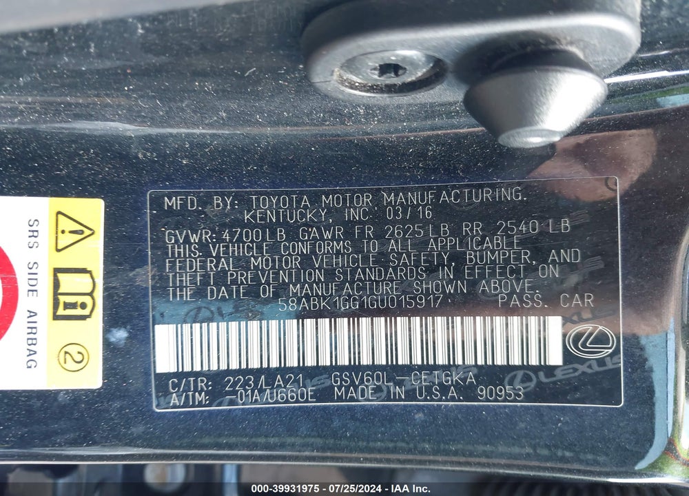 2016 LEXUS ES 350 VIN: 58ABK1GG1GU015917