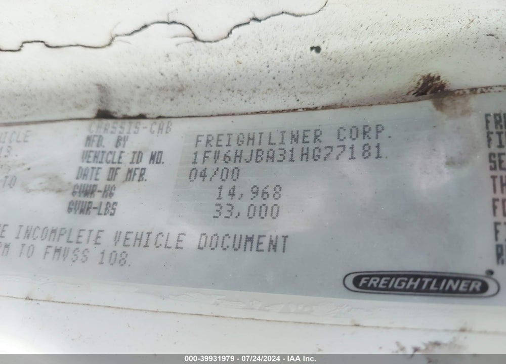 2001 FREIGHTLINER FL70 FL70 VIN: 1FV6HJBA31HG77181
