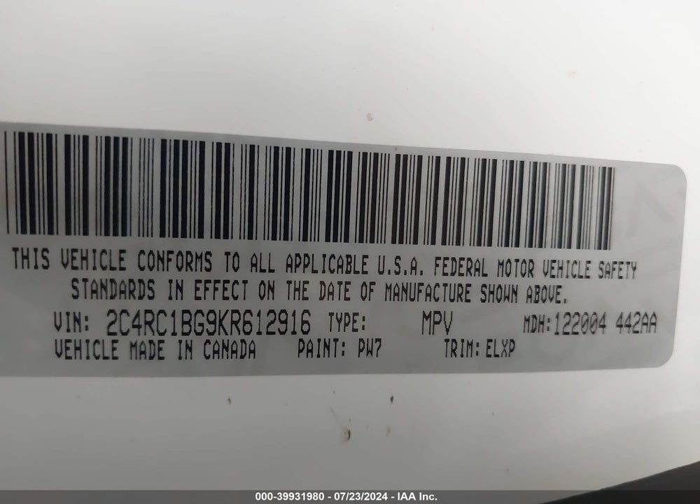 2019 CHRYSLER PACIFICA TOURING L VIN: 2C4RC1BG9KR612916