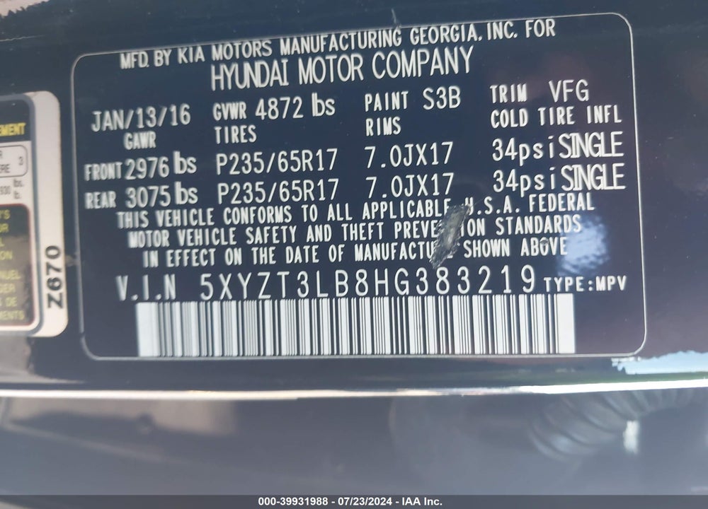 2017 HYUNDAI SANTA FE SPORT 2.4L VIN: 5XYZT3LB8HG383219