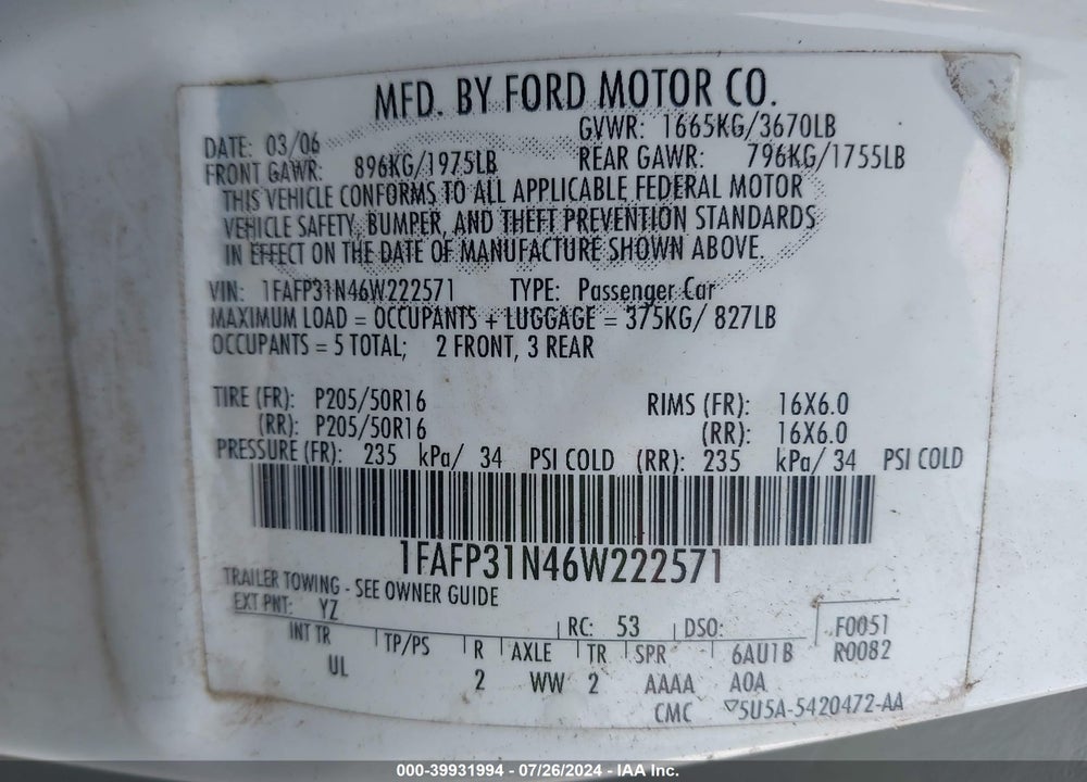 2006 FORD FOCUS ZX3 VIN: 1FAFP31N46W222571