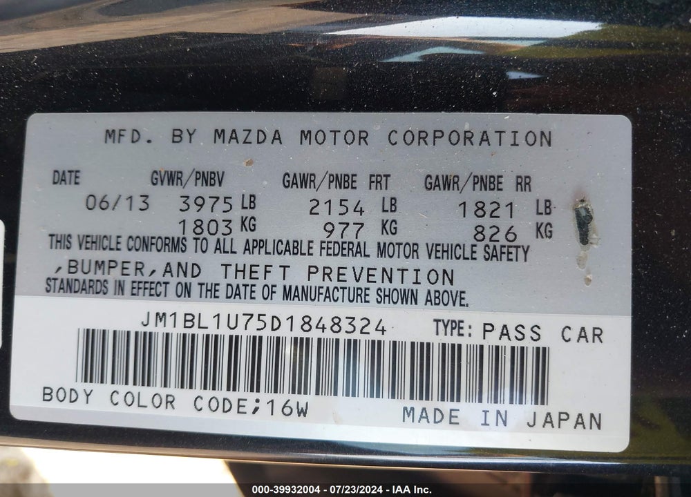 2013 MAZDA 3 I SPORT VIN: JM1BL1U75D1848324