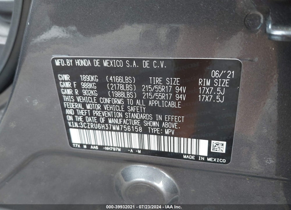 2021 HONDA HR-V AWD LX VIN: 3CZRU6H37MM756158