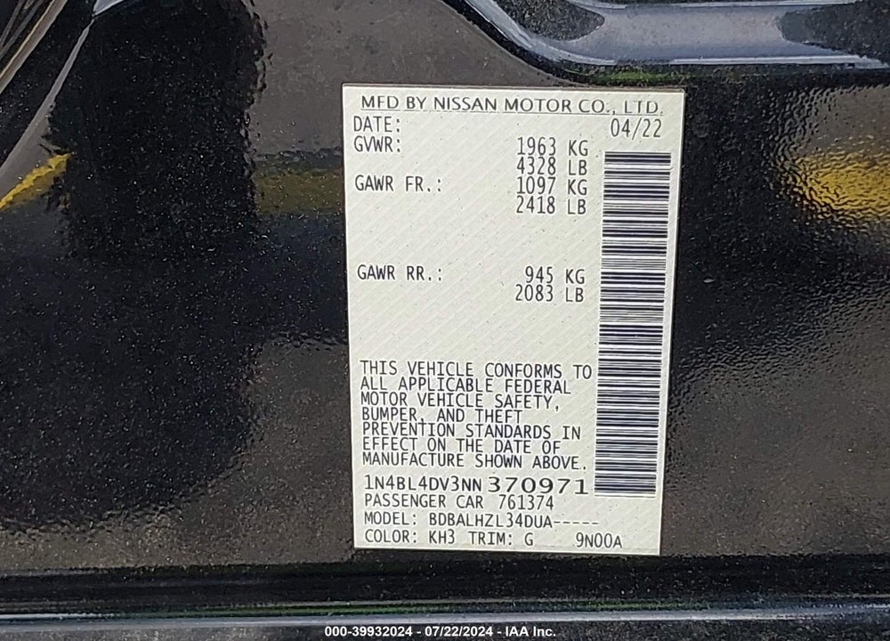 2022 NISSAN ALTIMA SV FWD VIN: 1N4BL4DV3NN370971