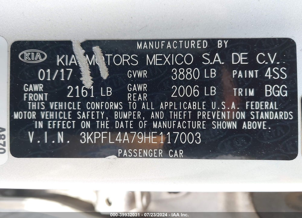 2017 KIA FORTE LX VIN: 3KPFL4A79HE117003