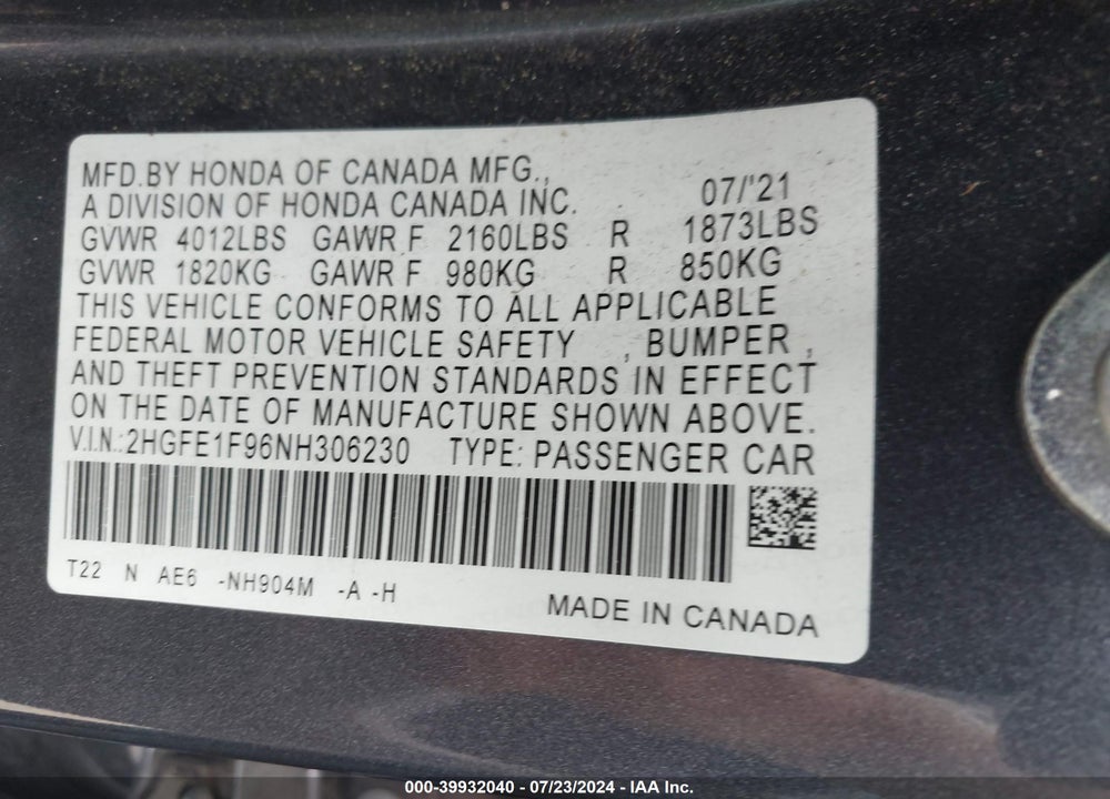 2022 HONDA CIVIC TOURING VIN: 2HGFE1F96NH306230