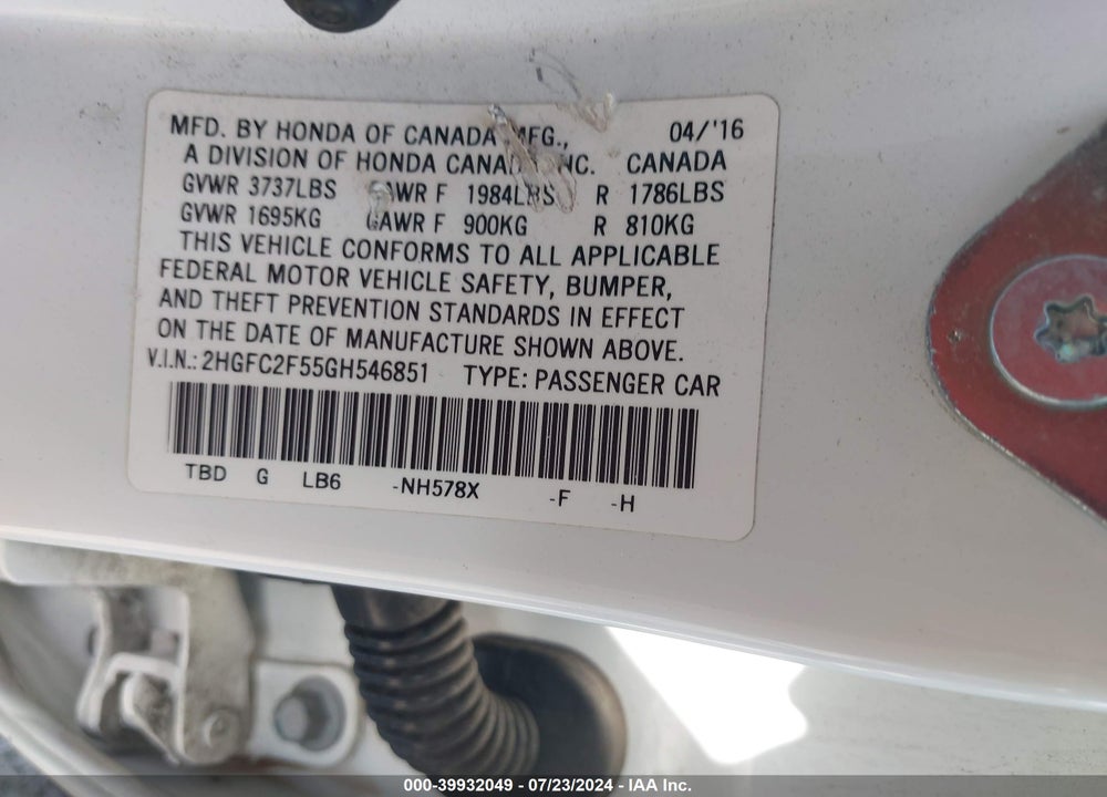 2016 HONDA CIVIC LX VIN: 2HGFC2F55GH546851
