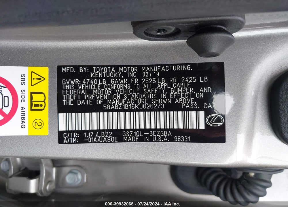 2019 LEXUS ES 350 LUXURY VIN: 58ABZ1B16KU026273