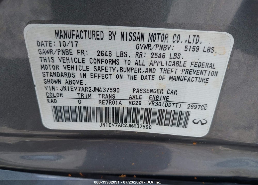 2018 INFINITI Q50 3.0T LUXE VIN: JN1EV7AR2JM437590