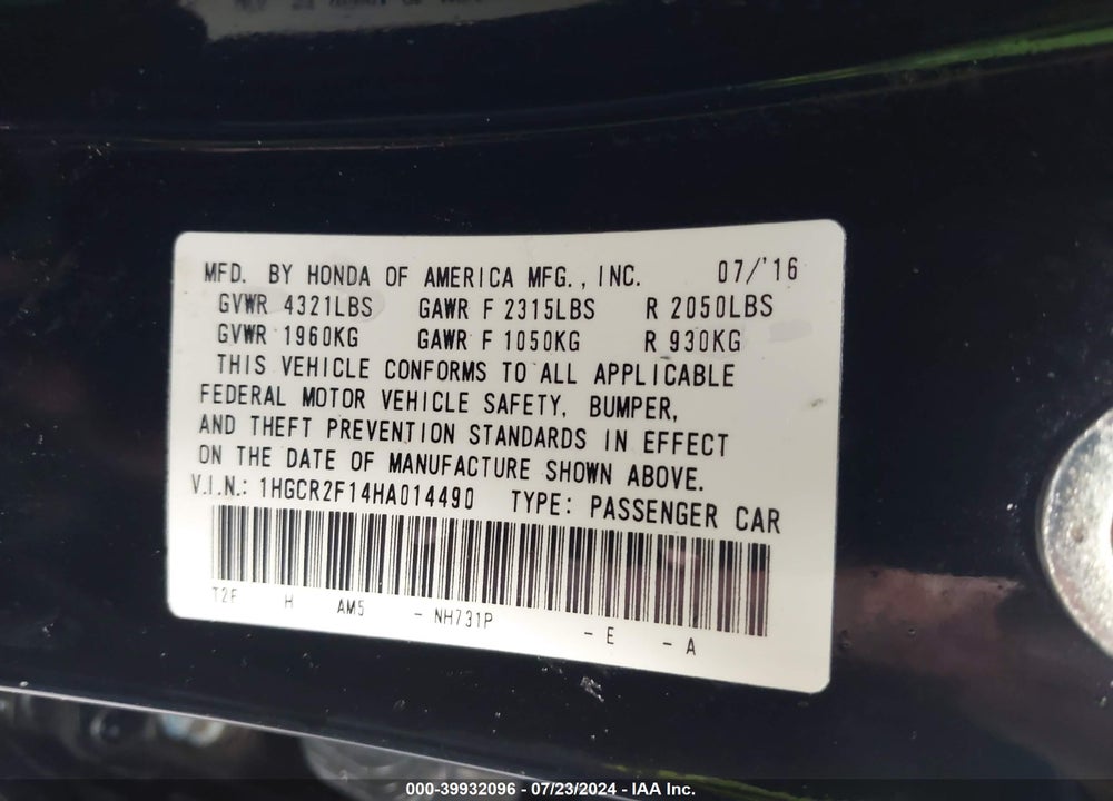 2017 HONDA ACCORD SPORT SE VIN: 1HGCR2F14HA014490