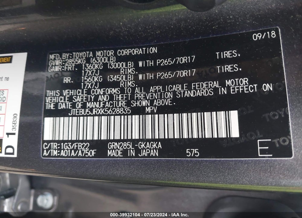 2019 TOYOTA 4RUNNER SR5 VIN: JTEBU5JRXK5628835